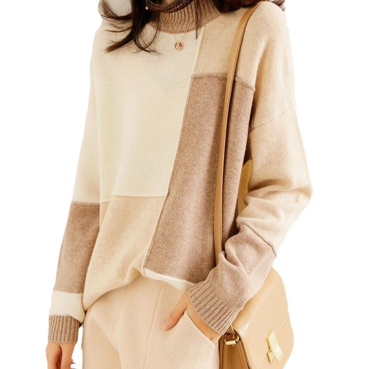 Women’s Contrast Color Loose Pullover Sweater – Half Turtleneck Knit Winter Top