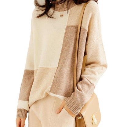 Women’s Contrast Color Loose Pullover Sweater – Half Turtleneck Knit Winter Top