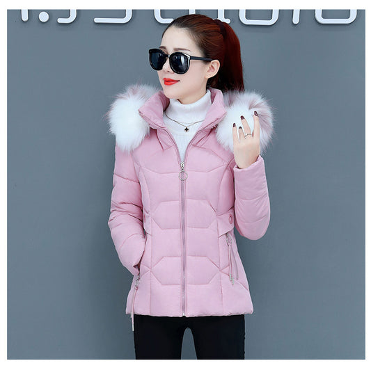 Women’s Short Cotton Padded Winter Jacket – Slim Fit with Fur Hood