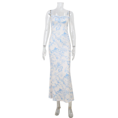 Vintage Printed Slim Fit Slimming Spaghetti Straps Dress