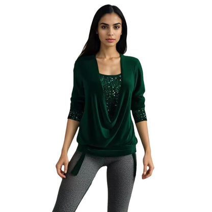Women’s Sequin Contrast Loose Top – Drop Collar Long Sleeve Blouse