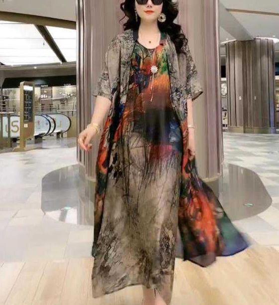Women’s Artificial Silk Two-Piece Dress Set – Luxury Printed Loose Suit with Skirt
