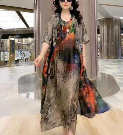 Women’s Artificial Silk Two-Piece Dress Set – Luxury Printed Loose Suit with Skirt