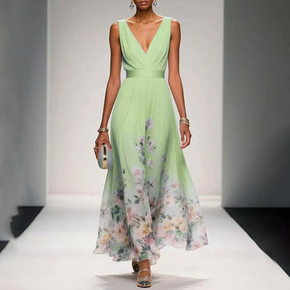 Elegant Chiffon Floral Print Maxi Dress – Sleeveless V-Neck Summer Party Wear