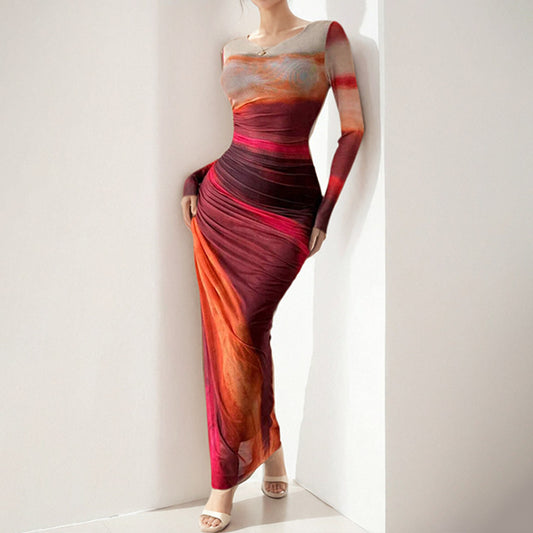 Women’s Tie-Dye Slim Fit Maxi Dress – Long Sleeve Bodycon Party Wear
