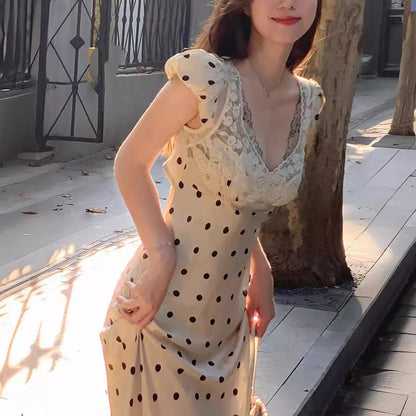 Lace V-Neck Polka Dot Maxi Dress – Elegant Slim Fit Evening Dress for Women