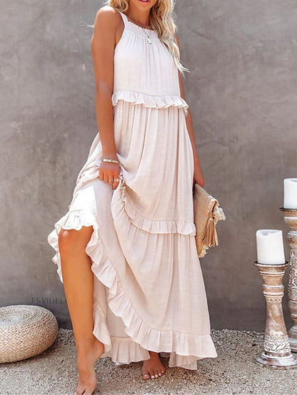 Summer Halter Neck Maxi Dress – Backless Beach Ruffle Dress for Women