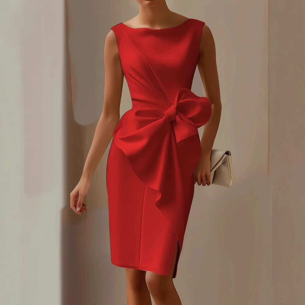 Elegant Bow Tie Waist Dress – Women’s Slim Fit Office & Party Wear