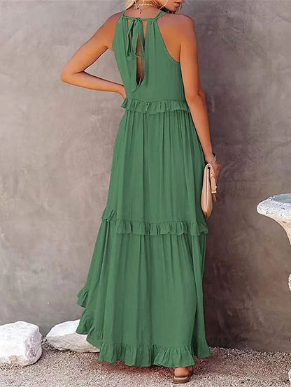 Summer Halter Neck Maxi Dress – Backless Beach Ruffle Dress for Women
