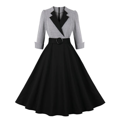Elegant Retro Swing Dress for Women – Vintage Style Cotton Midi Dress with Belt