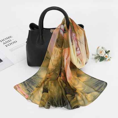 Elegant Chiffon Printed Silk Scarf – Lightweight Lotus Pond Moonlight Wrap for Women