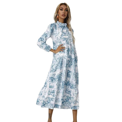 Women’s Round Neck Printed Loose Midi Dress – Casual & Elegant Style