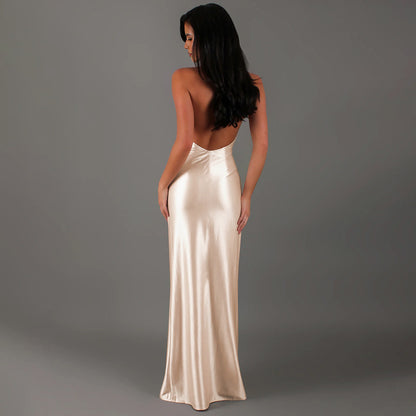 Women’s Deep V Halter Backless Dress – Sexy Evening Party Gown