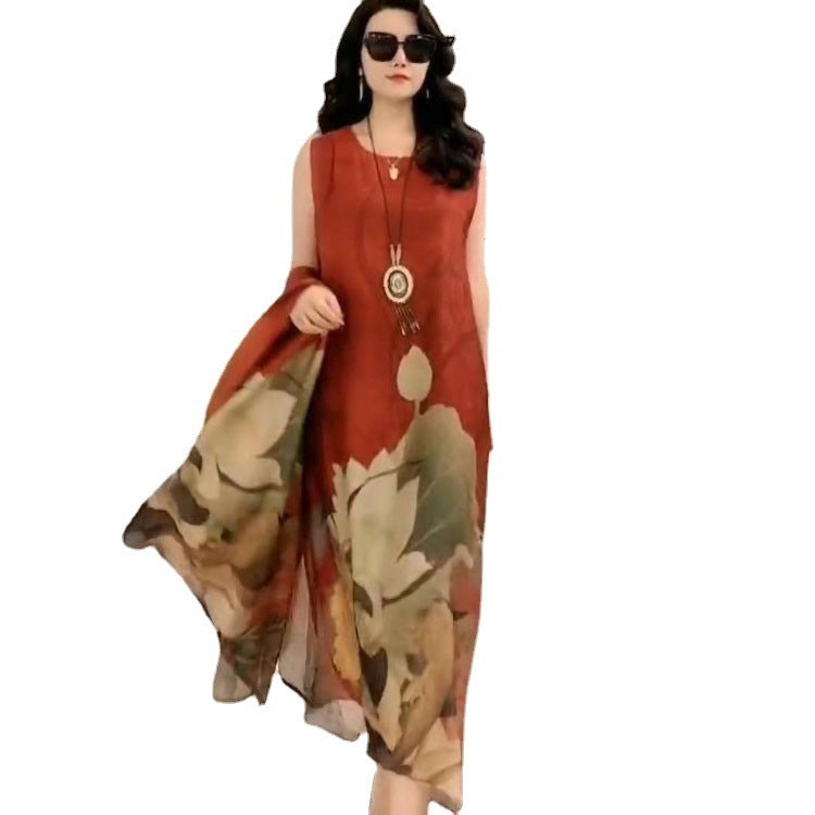 Women’s Artificial Silk Two-Piece Dress Set – Luxury Printed Loose Suit with Skirt