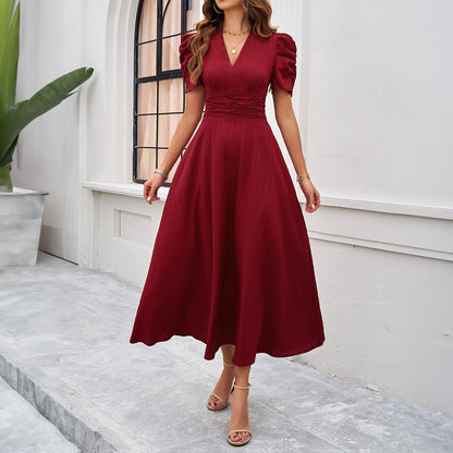 Spring & Summer Elegant Solid Color Dress – Waist-Tight Maxi Dress for Women
