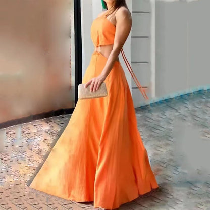 Elegant Orange Sleeveless Maxi Dress – Summer & Festive Collection