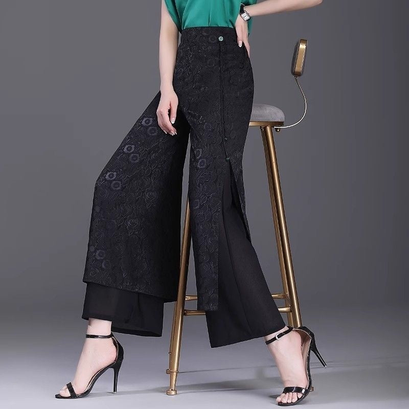 Women’s Chinese Style Split Pants – High Waist Loose Wide Leg Trousers