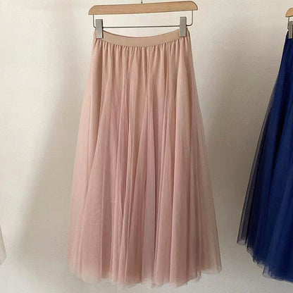 Women’s Pleated Mesh Midi Skirt – Elegant High Waist Swing Tulle Skirt