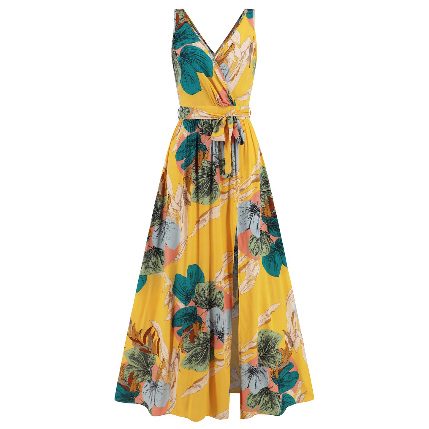 V-neck Floral Print Summer Maxi Dress – Sleeveless Slit Long Beach Dress for Women