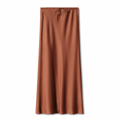 Women’s High Waist Satin Maxi Skirt – Elegant Drawstring Slip Skirt