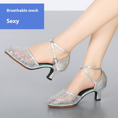 Women’s Latin Dance Shoes – Mid-Heel Elegant Lace Pumps for Summer Parties & Performances