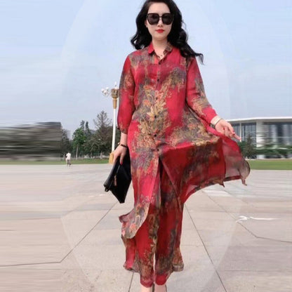 Women’s Artificial Silk Two-Piece Dress Set – Luxury Printed Loose Suit with Skirt