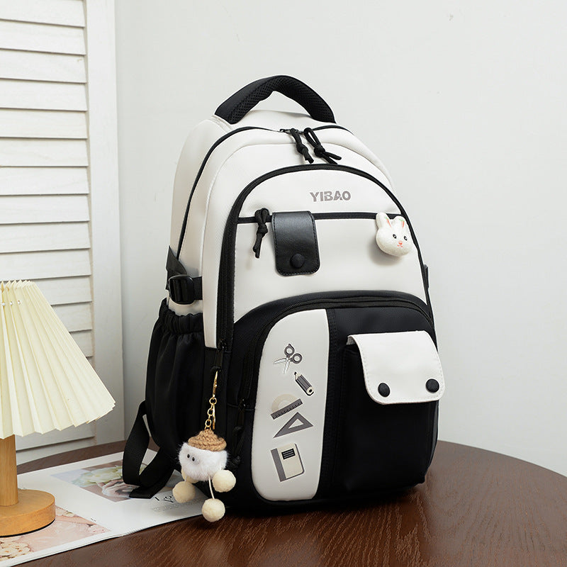 Large Capacity Fashion Backpack – Korean Style Color Contrast Casual School Bag with Pendant