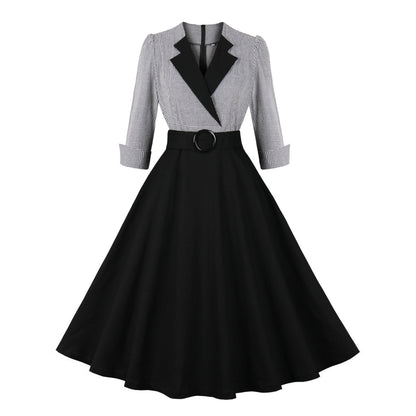 Elegant Retro Swing Dress for Women – Vintage Style Cotton Midi Dress with Belt