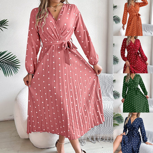 Women’s Polka Dot Long Sleeve Wrap Maxi Dress – Elegant Pleated V-Neck