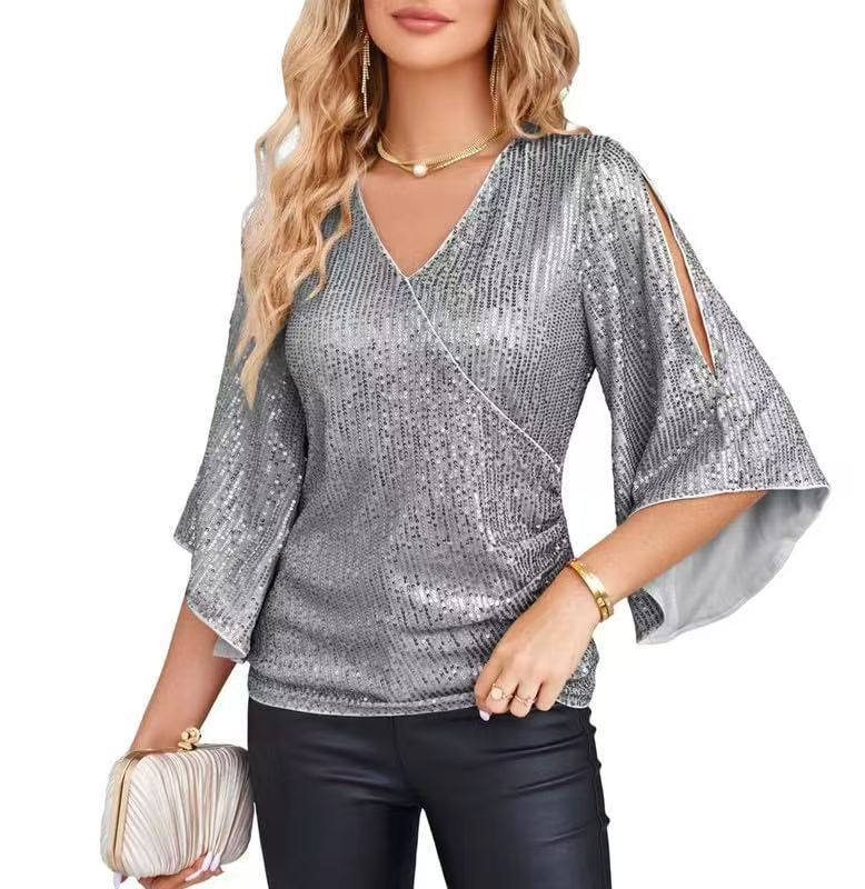Women’s Sequined Party Top – Loose Mid-Length Short Sleeve Blouse