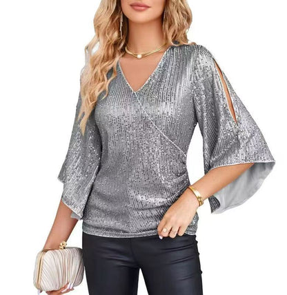 Women’s Sequined Party Top – Loose Mid-Length Short Sleeve Blouse