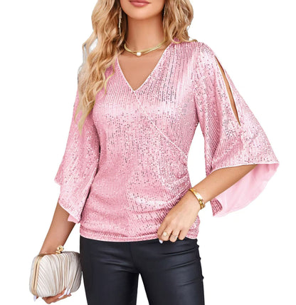 Women’s Sequined Party Top – Loose Mid-Length Short Sleeve Blouse