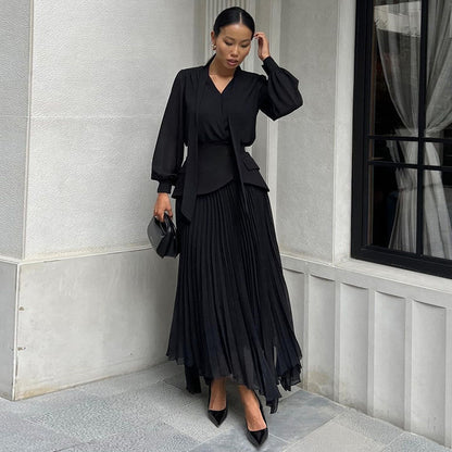 Women’s Elegant White Pleated Belted Maxi Dress – Luxury Evening & Party Wear