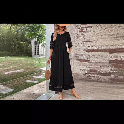 Women’s Casual Mesh Patchwork Maxi Dress with Pockets – Round Neck, 3/4 Sleeve
