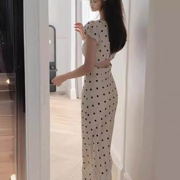 Lace V-Neck Polka Dot Maxi Dress – Elegant Slim Fit Evening Dress for Women