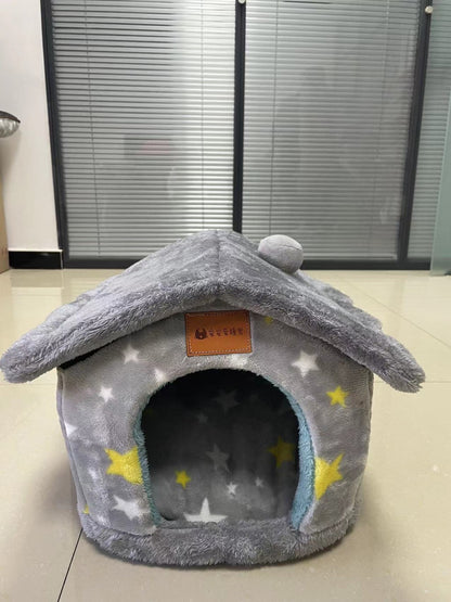 Foldable Pet House – Warm Enclosed Dog & Cat Bed with Removable Cushion