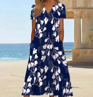 Women’s Floral Printed Maxi Dress – Casual Summer Short Sleeve Long Dress