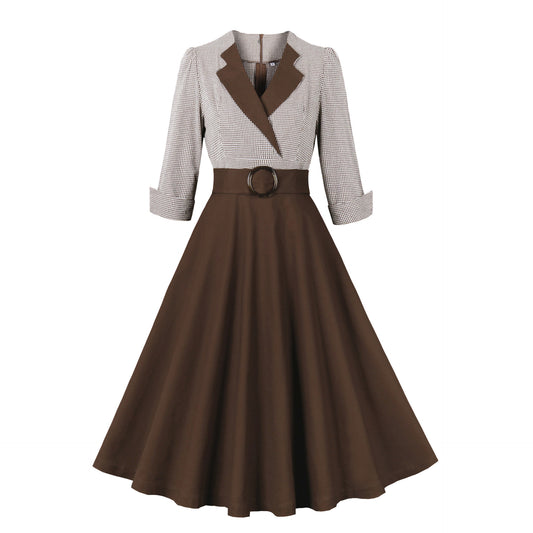 Elegant Retro Swing Dress for Women – Vintage Style Cotton Midi Dress with Belt