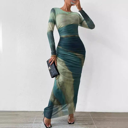 Women’s Tie-Dye Slim Fit Maxi Dress – Long Sleeve Bodycon Party Wear