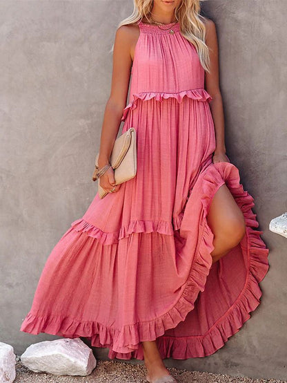 Summer Halter Neck Maxi Dress – Backless Beach Ruffle Dress for Women