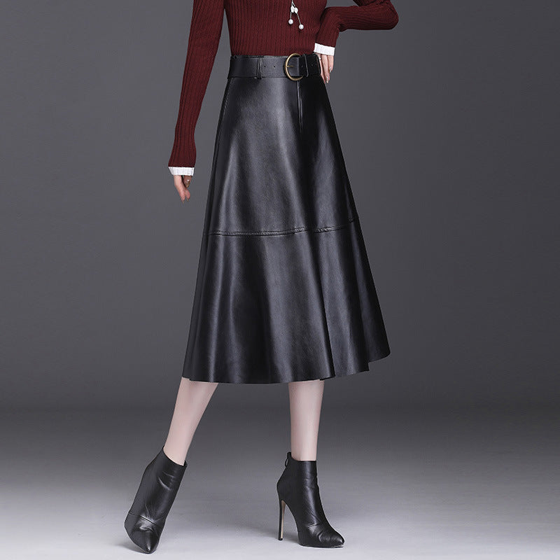 Women’s Leather A-Line Skirt – High Waist Pleated Midi Skirt