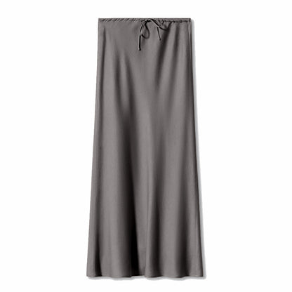 Women’s High Waist Satin Maxi Skirt – Elegant Drawstring Slip Skirt