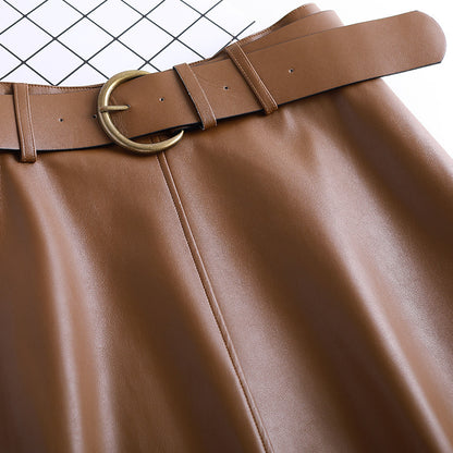 Women’s Leather A-Line Skirt – High Waist Pleated Midi Skirt