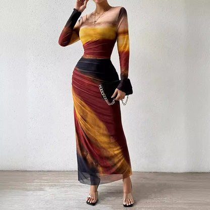 Women’s Tie-Dye Slim Fit Maxi Dress – Long Sleeve Bodycon Party Wear