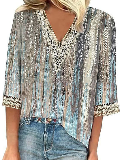 Wear Loose New Floral Print Stitching Lace Half Sleeve V-neck T-shirt