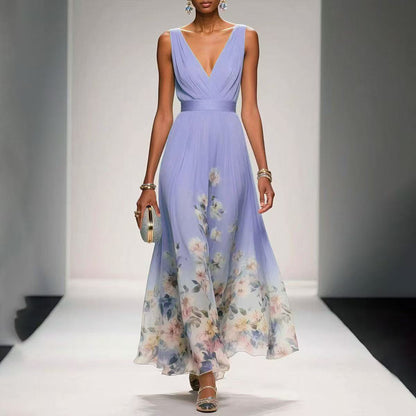 Elegant Chiffon Floral Print Maxi Dress – Sleeveless V-Neck Summer Party Wear