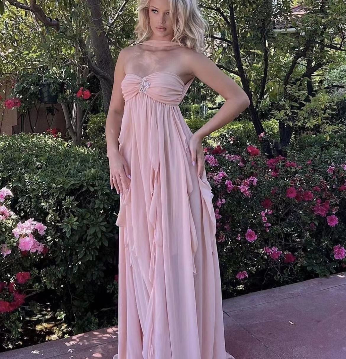 Women’s Chiffon Ruffle Maxi Gown – Elegant Strapless Evening & Wedding Dress