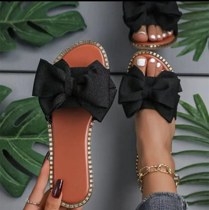 Women’s Rhinestone Bowknot Flat Slippers – Summer Casual Sandals