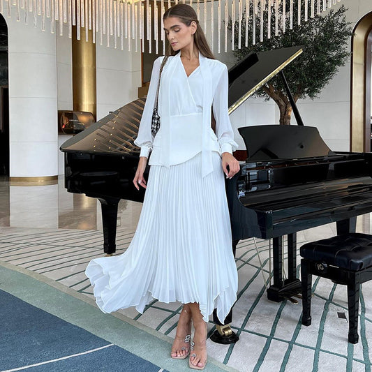 Women’s Elegant White Pleated Belted Maxi Dress – Luxury Evening & Party Wear