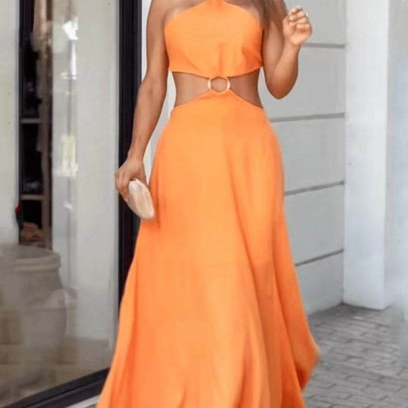 Elegant Orange Sleeveless Maxi Dress – Summer & Festive Collection